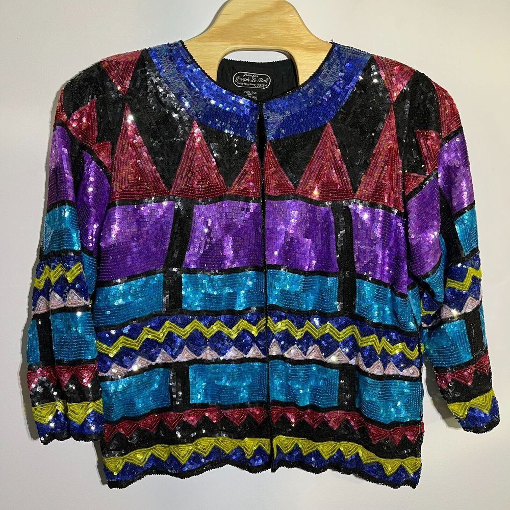 Vintage Joseph Le Bon Womens X3 Multicolor Silk Sequined‎ Beaded Evening Jacket